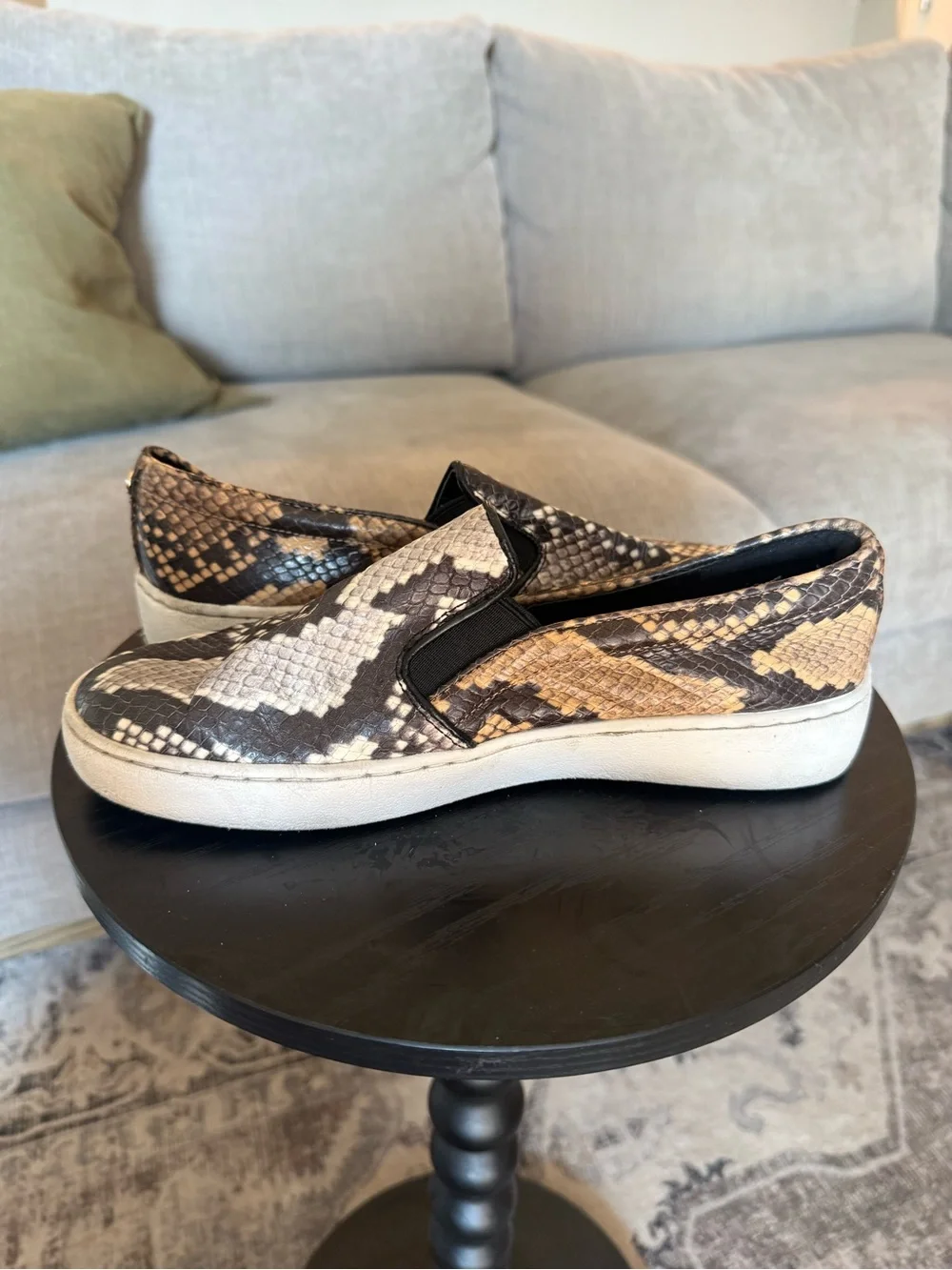 Michael Kors Black & Cream Snake-Print Slip-On Sneakers SZ 7